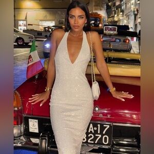 Zara Mirrored Halter Dress Plunge Sparkly White Silver